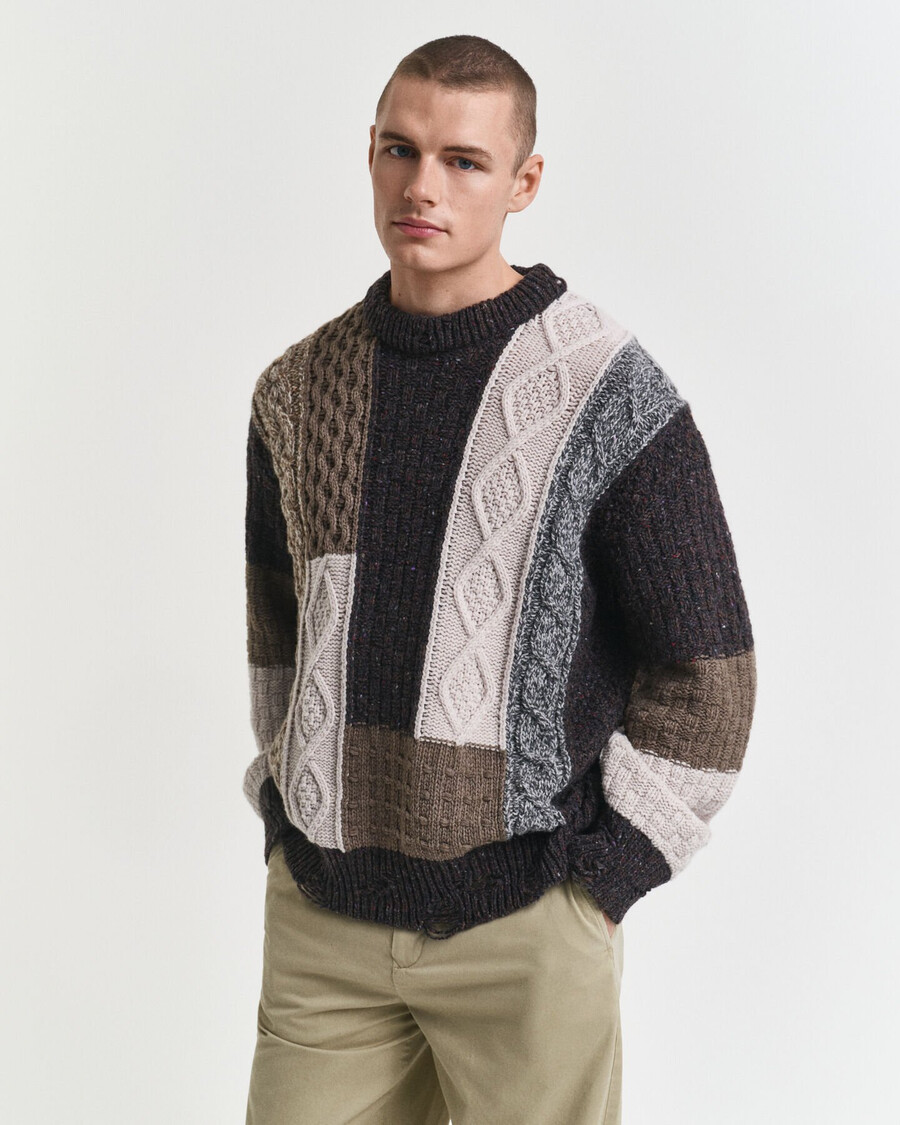 patchwork trui met ronde hals - donkerbruine melange