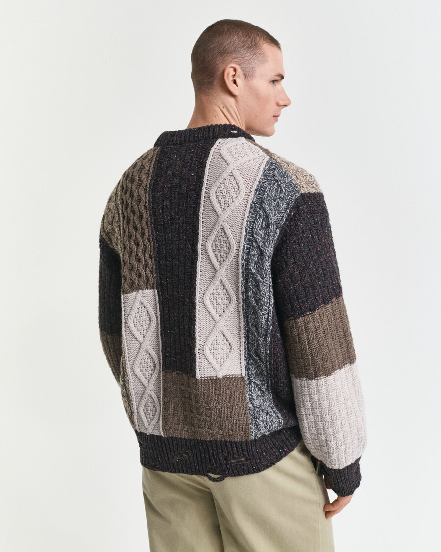 patchwork trui met ronde hals - donkerbruine melange
