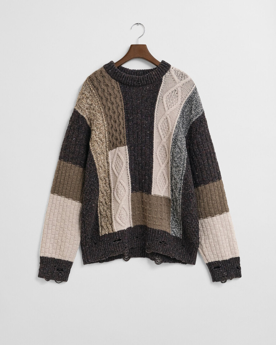 patchwork trui met ronde hals - donkerbruine melange