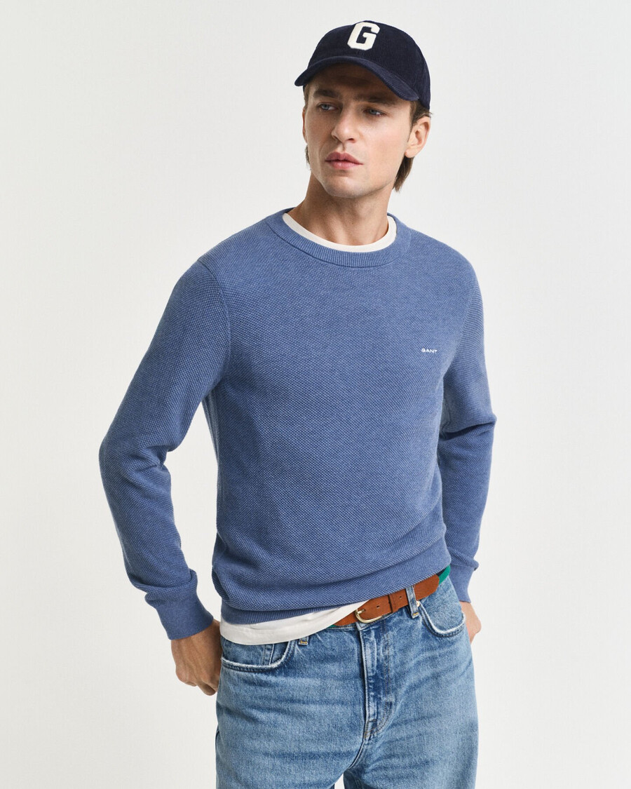 trui met ronde hals van katoenen piqué - denimblauw gemêleerd