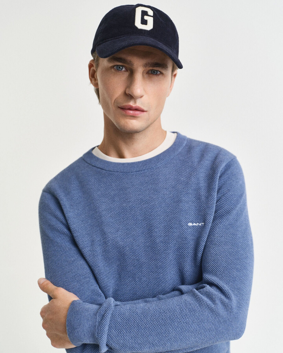 trui met ronde hals van katoenen piqué - denimblauw gemêleerd