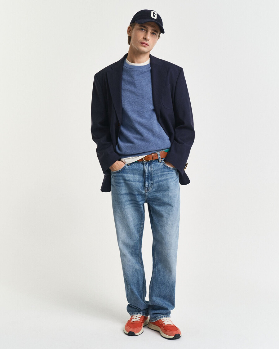 trui met ronde hals van katoenen piqué - denimblauw gemêleerd