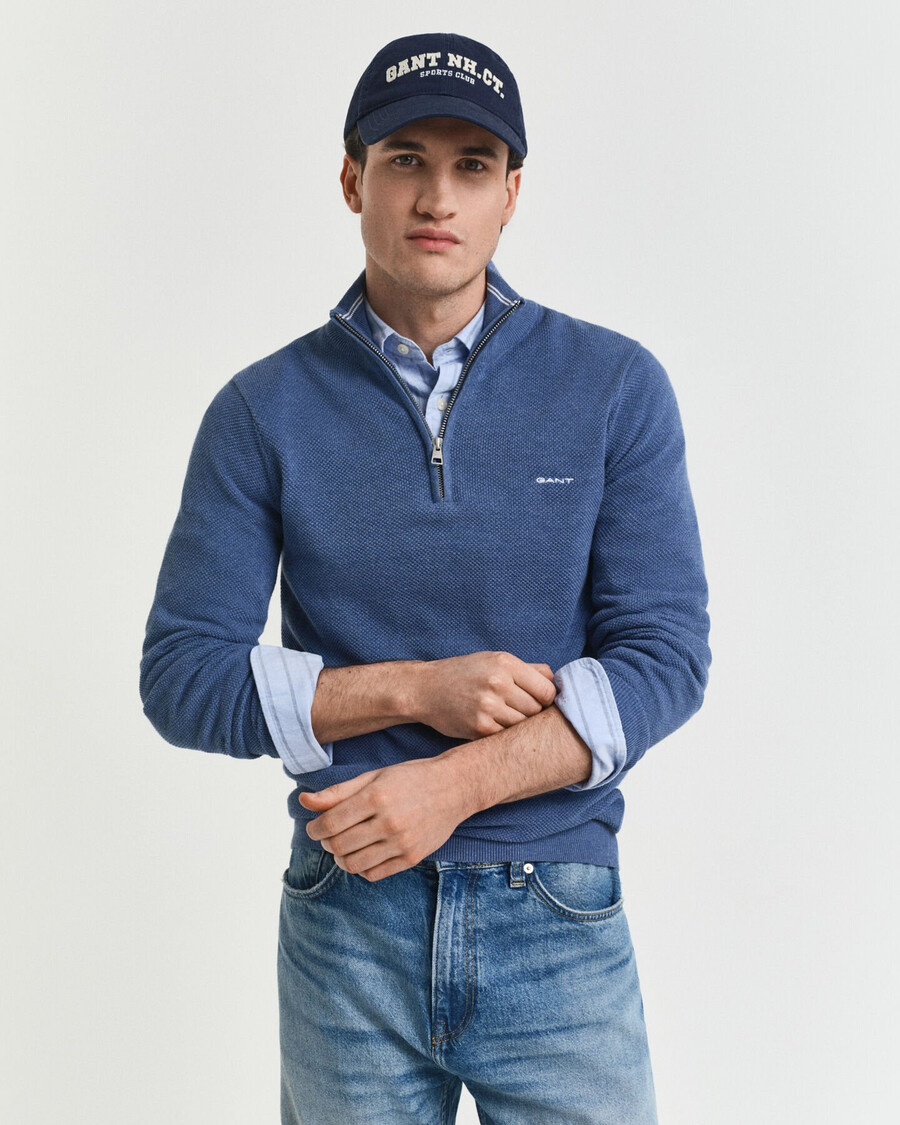 trui met halve rits van katoenpiqué - denimblauw gemêleerd