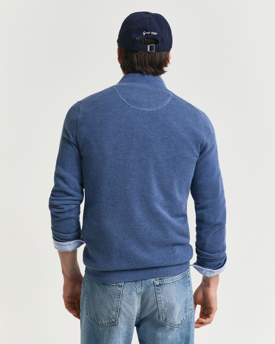 trui met halve rits van katoenpiqué - denimblauw gemêleerd