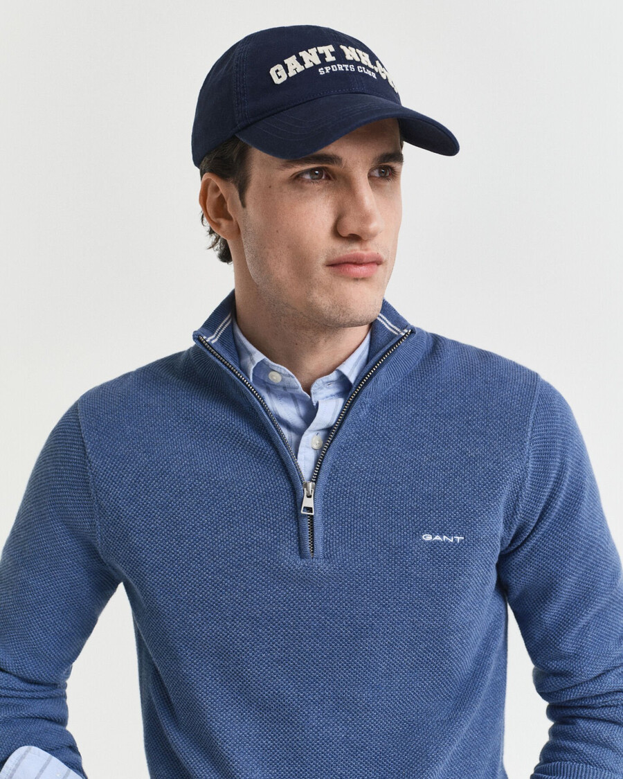 trui met halve rits van katoenpiqué - denimblauw gemêleerd