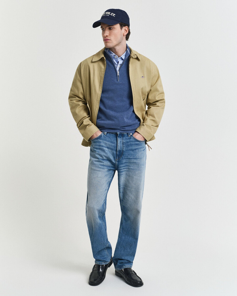 trui met halve rits van katoenpiqué - denimblauw gemêleerd