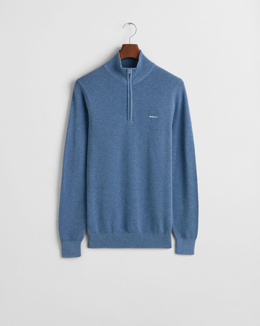 trui met halve rits van katoenpiqué - denimblauw gemêleerd