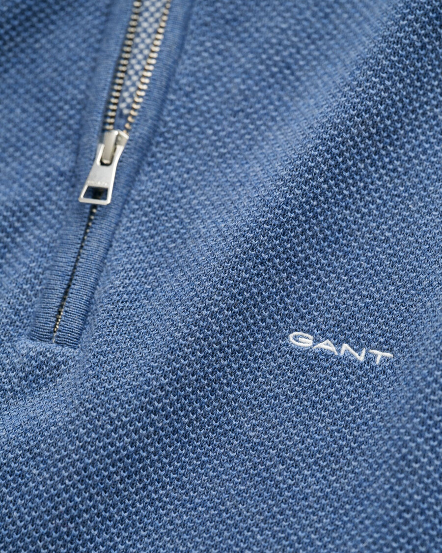 trui met halve rits van katoenpiqué - denimblauw gemêleerd