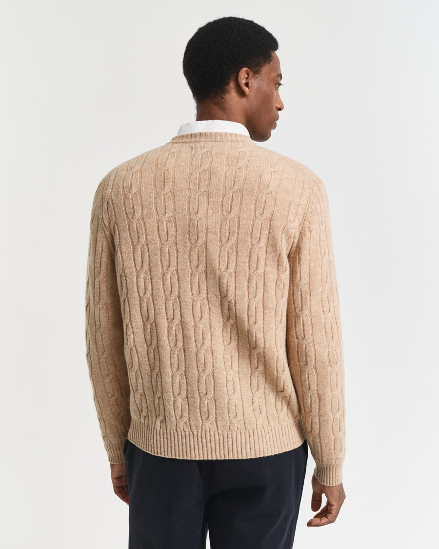 kabelgebreide trui met ronde hals van lamswol - khaki melange