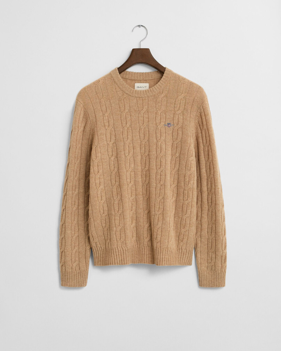 kabelgebreide trui met ronde hals van lamswol - khaki melange