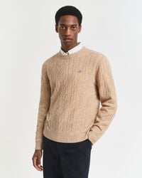 kabelgebreide trui met ronde hals van lamswol - khaki melange