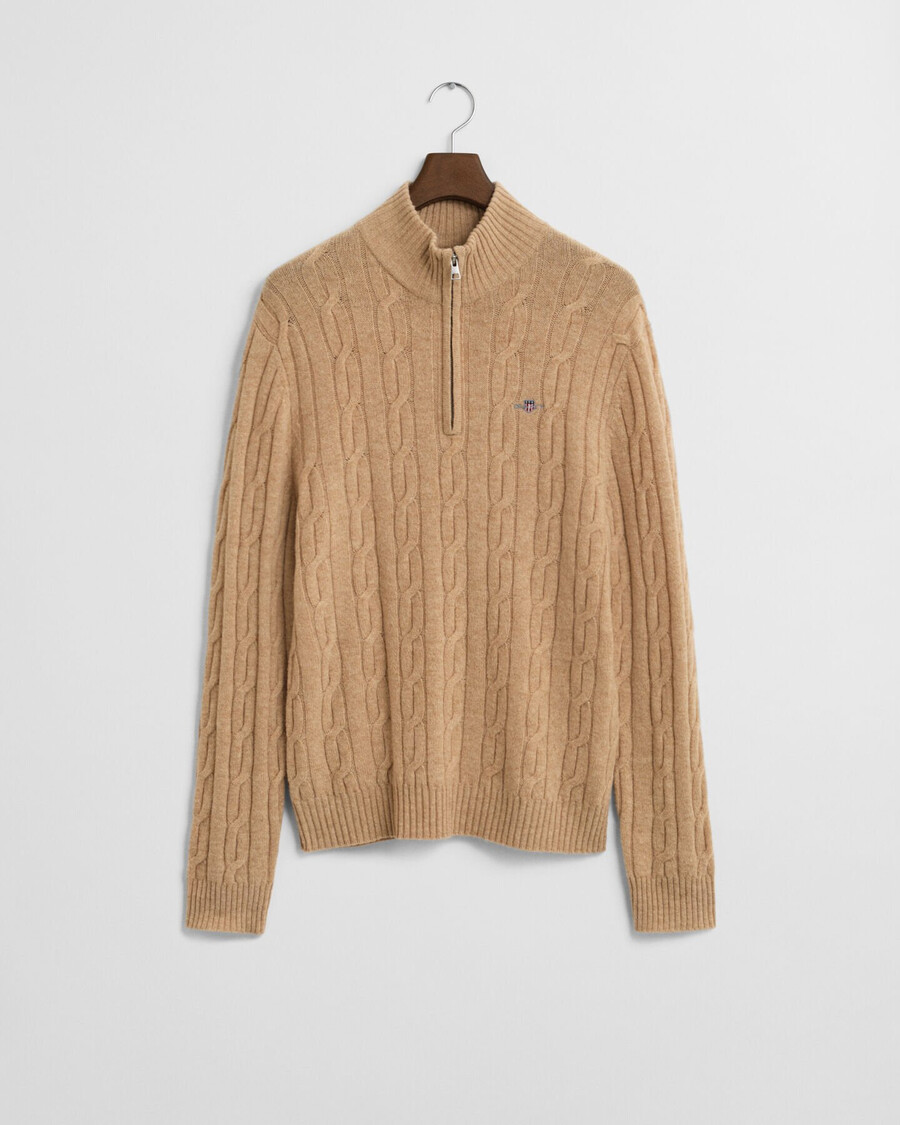 kabelgebreide halfrits trui van lamswol - khaki melange