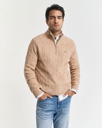 kabelgebreide halfrits trui van lamswol - khaki melange