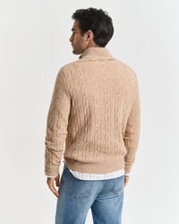 kabelgebreide halfrits trui van lamswol - khaki melange