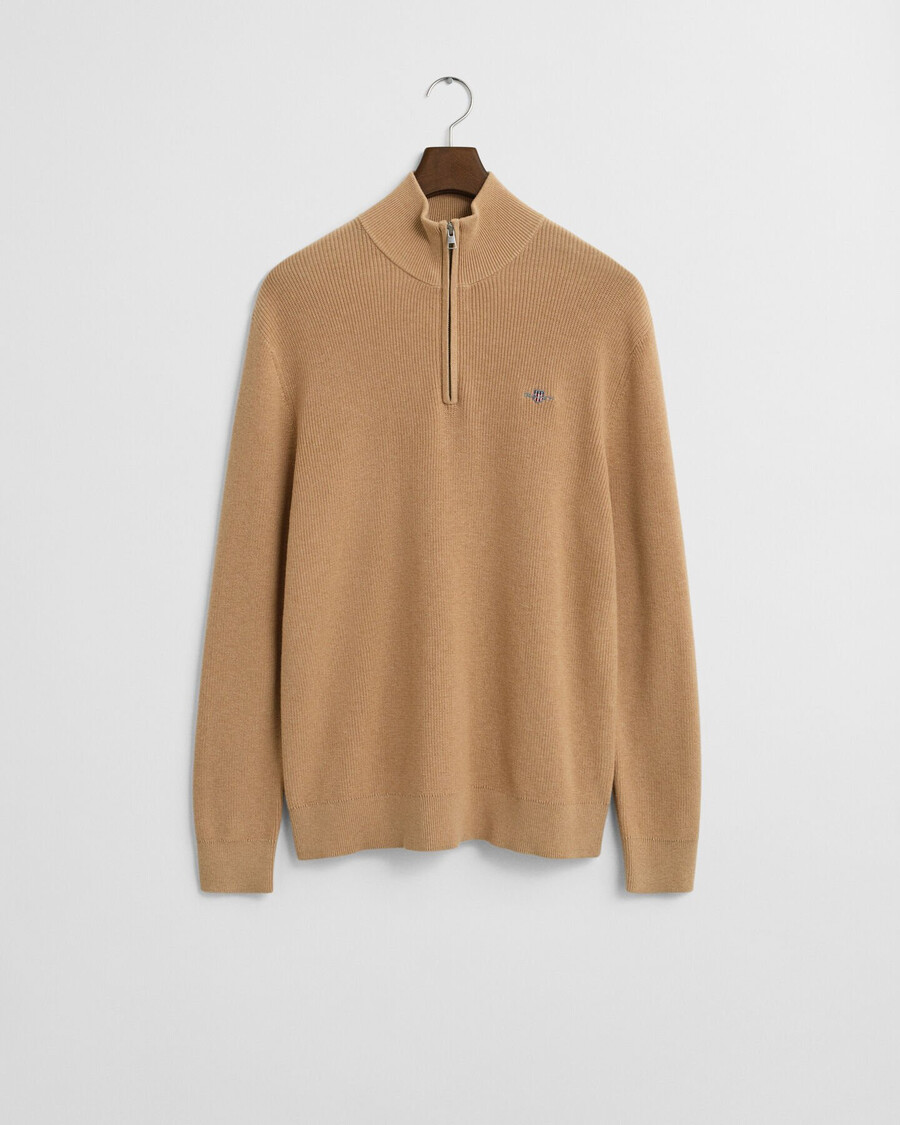 trui met ribbels van katoen en merinowol en halve rits - khaki melange