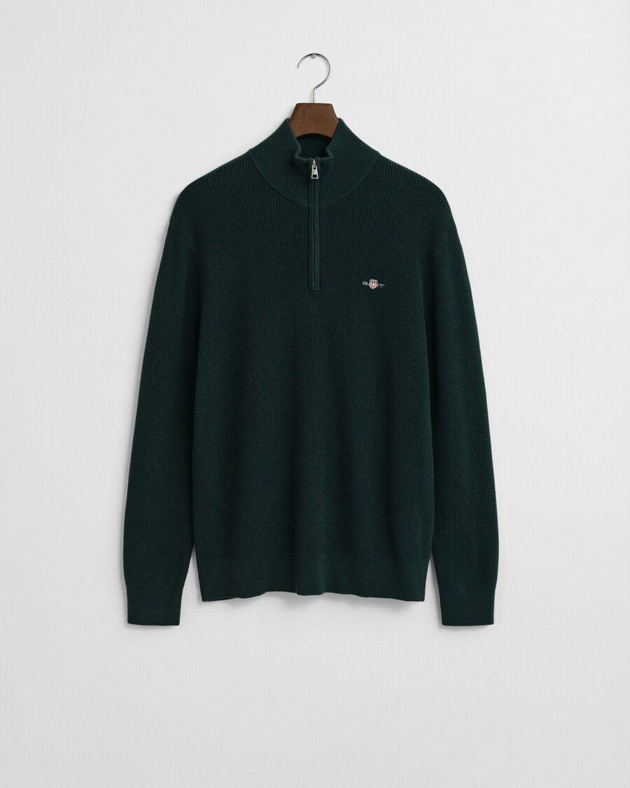 trui met ribbels van katoen en merinowol en halve rits - tartan groen