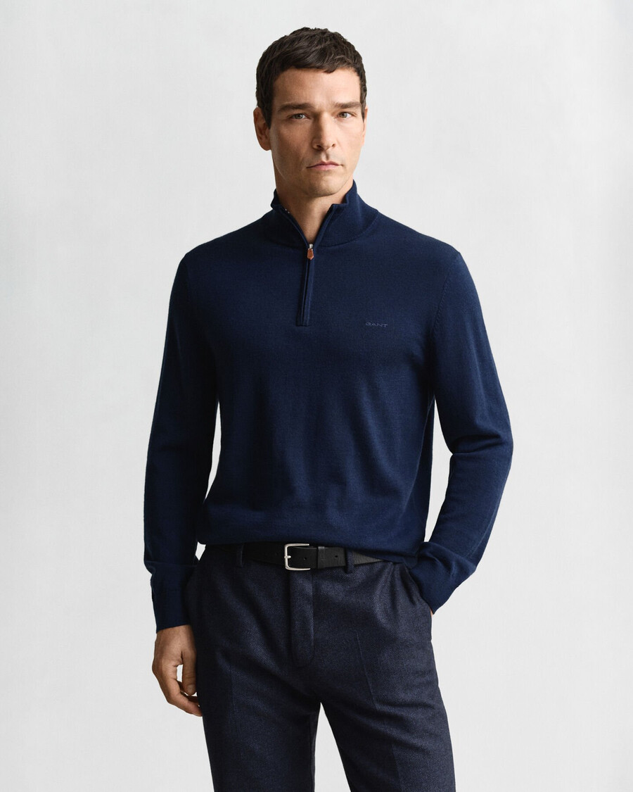 trui met halve rits van extra fijne merinowol - marineblauw