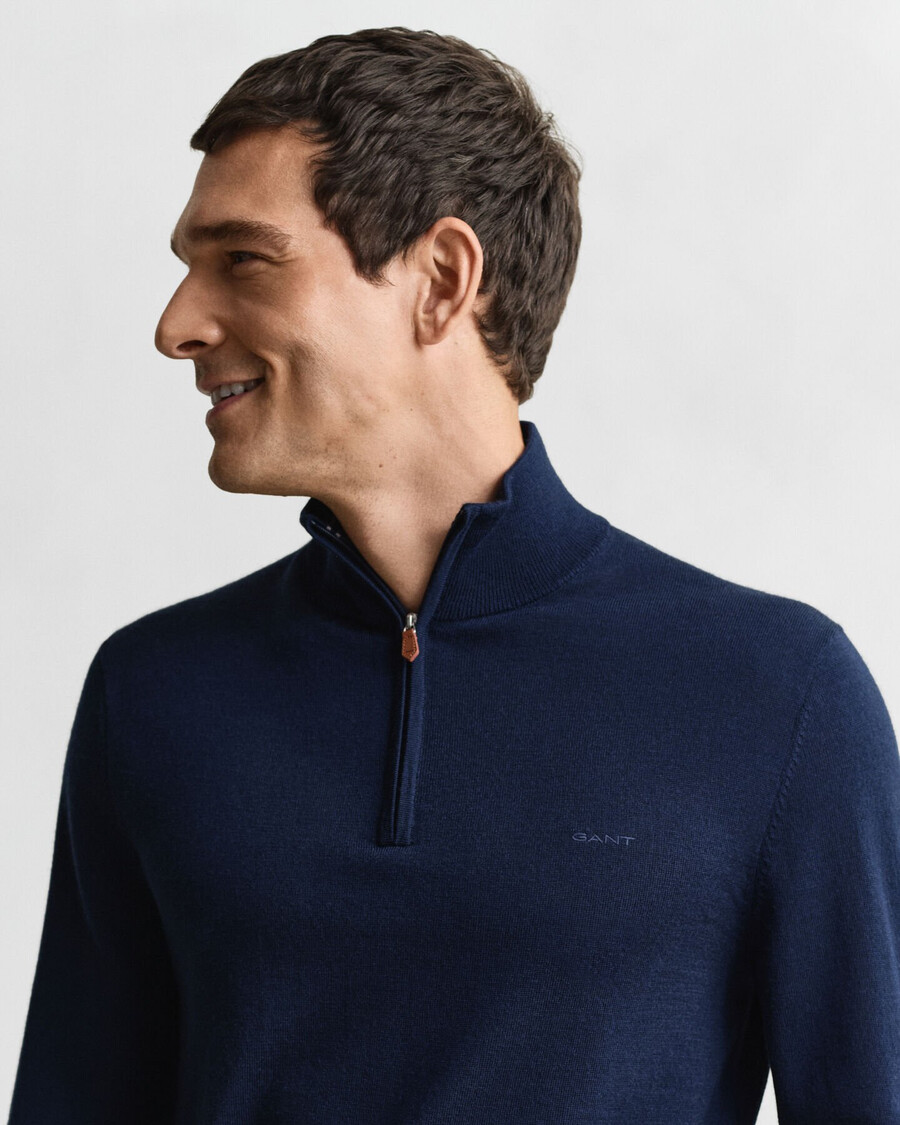 trui met halve rits van extra fijne merinowol - marineblauw