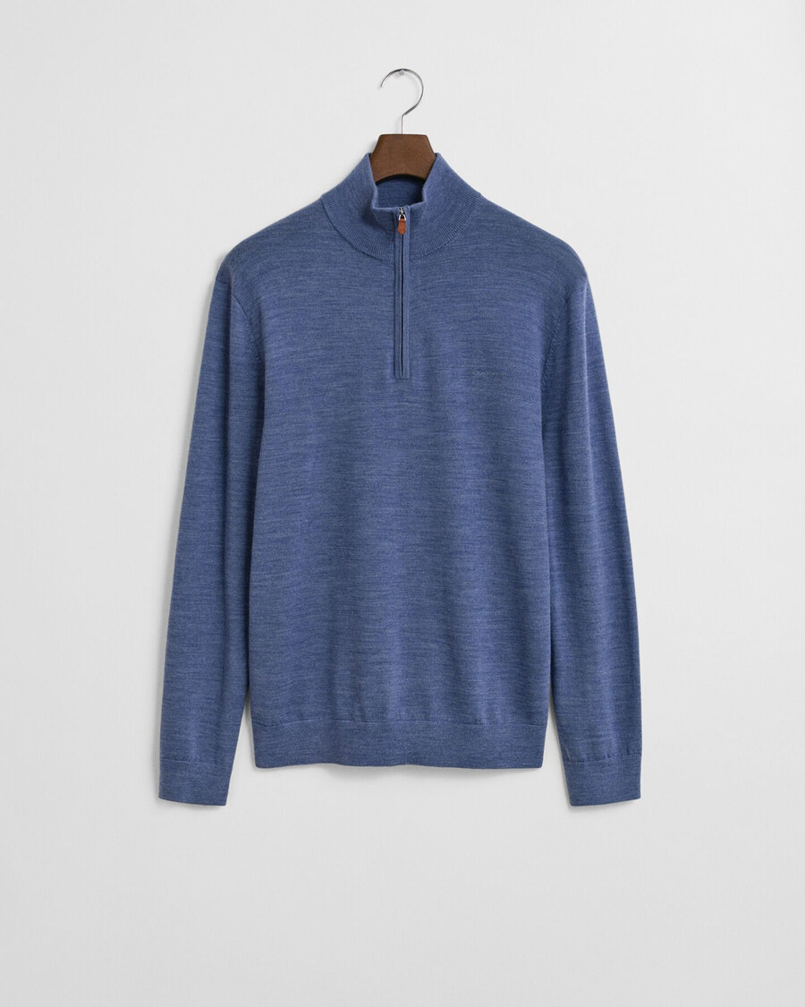 trui met halve rits van extra fijne merinowol - steenblauw gemêleerd
