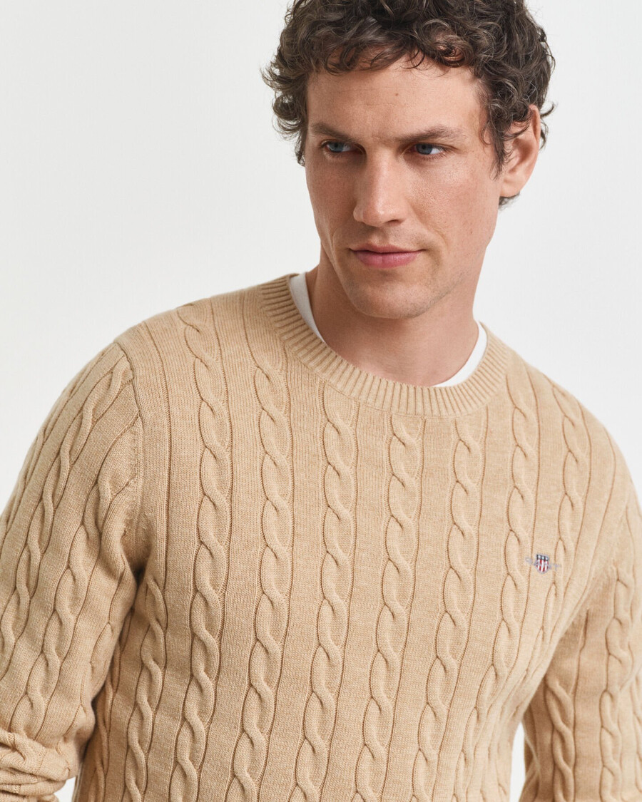 katoenen kabeltrui met ronde hals - khaki melange