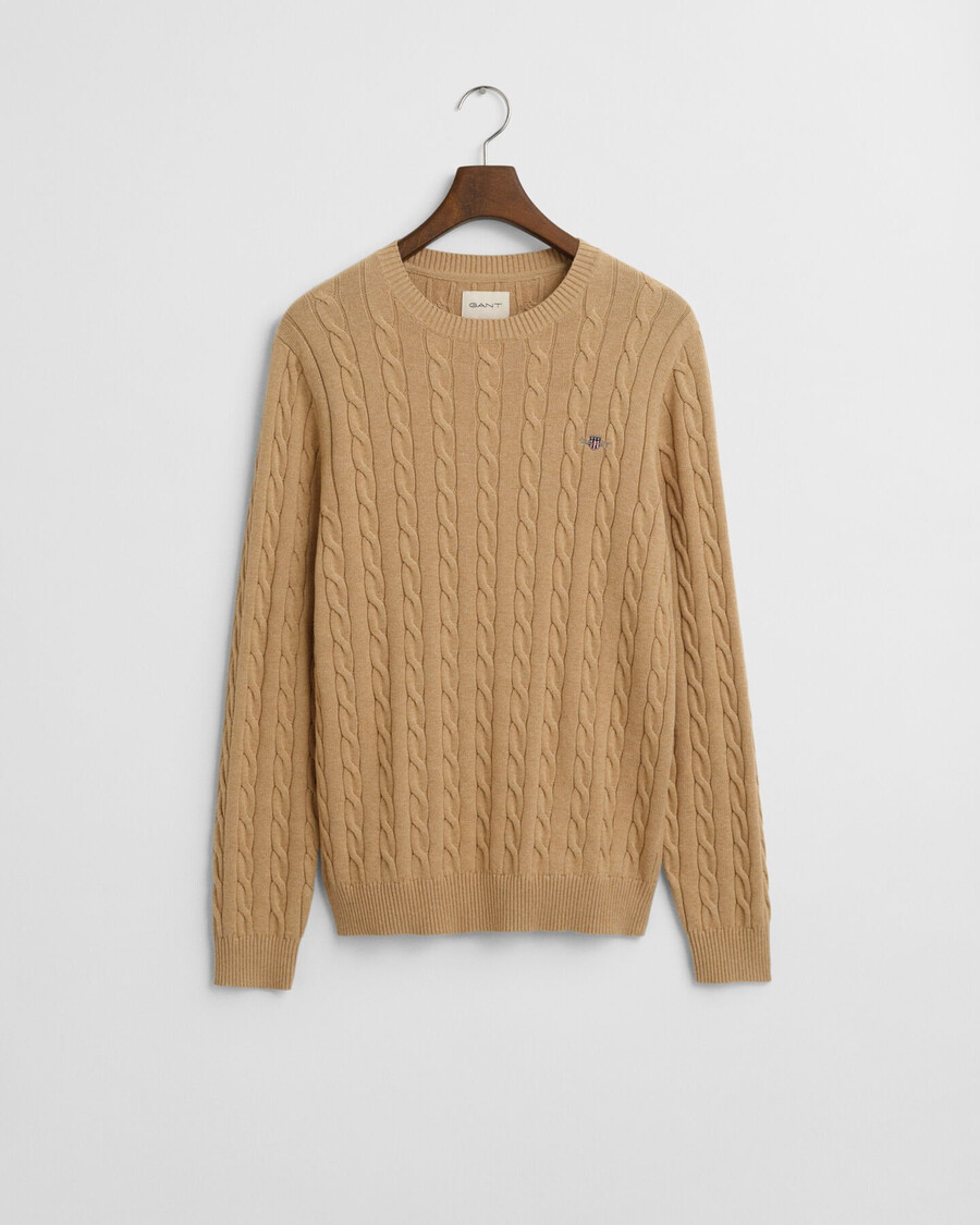 katoenen kabeltrui met ronde hals - khaki melange
