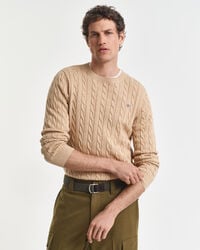 katoenen kabeltrui met ronde hals - khaki melange
