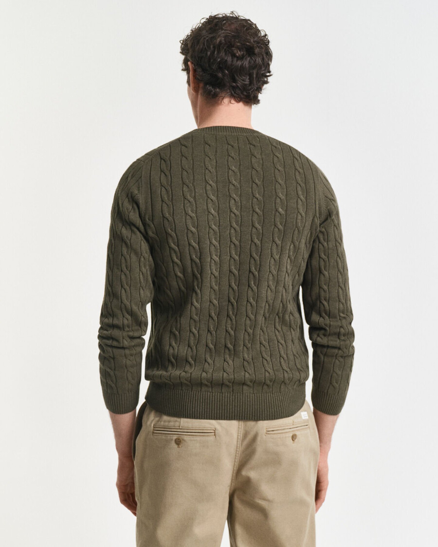 katoenen kabeltrui met ronde hals - khaki groen gemêleerd