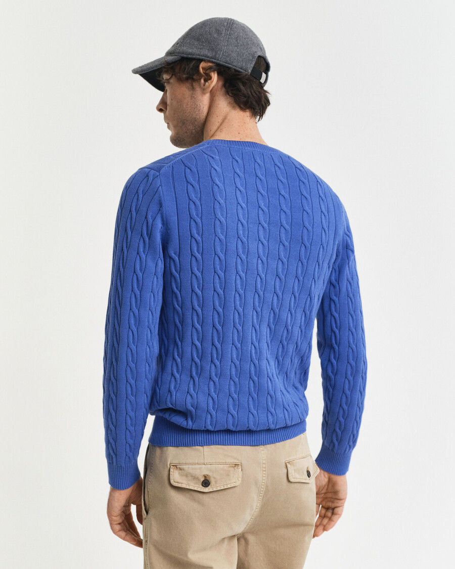 katoenen kabeltrui met ronde hals - diepblauw