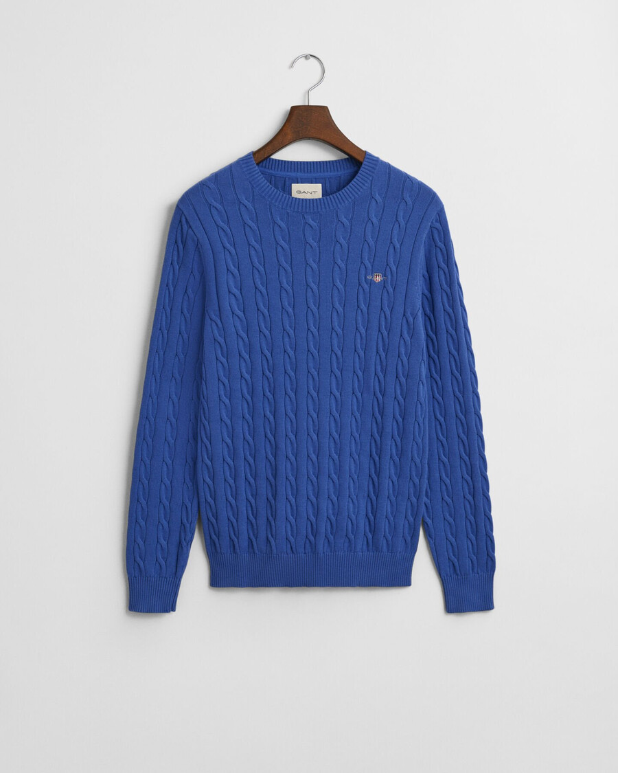 katoenen kabeltrui met ronde hals - diepblauw