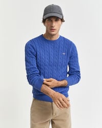 katoenen kabeltrui met ronde hals - diepblauw