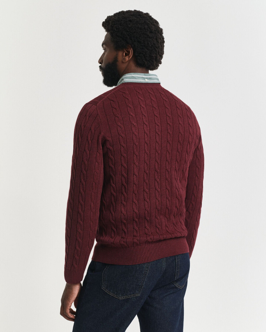 katoenen kabeltrui met ronde hals - bordeaux melange