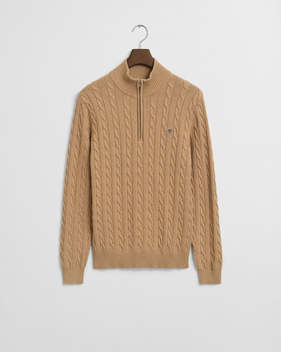 katoenen kabeltrui met halve rits - khaki melange