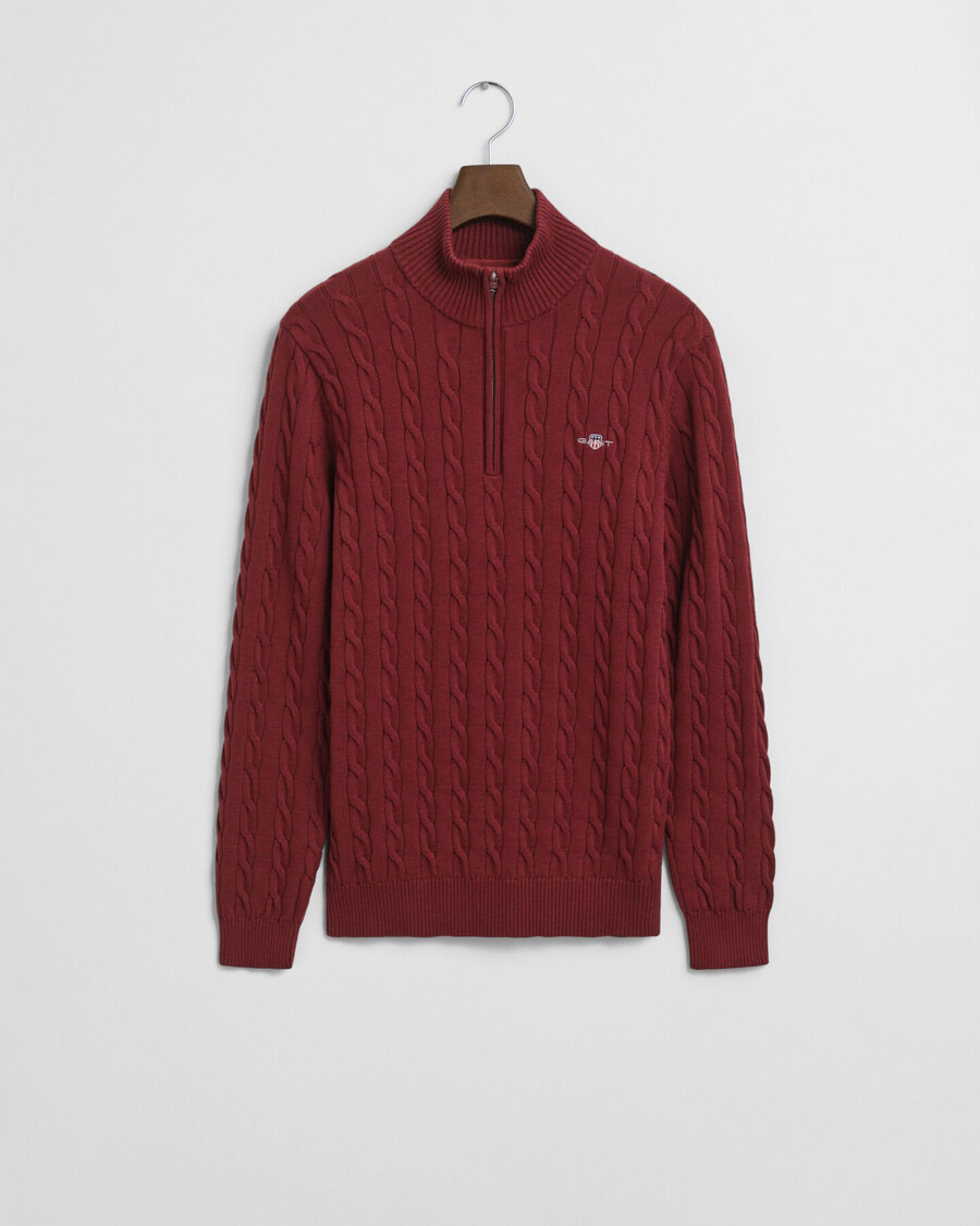 trui met kabelpatroon van katoen en halve rits - plumped red
