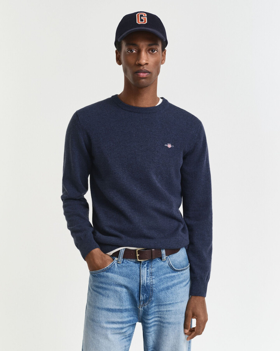 superfijne lamswollen trui met ronde hals - donkerblauw gemêleerd