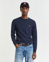 superfijne lamswollen trui met ronde hals - donkerblauw gemêleerd