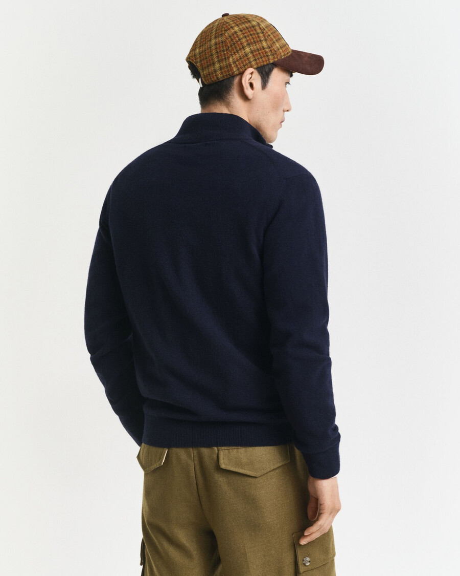 superfijne lamswollen trui met halve rits - marineblauw
