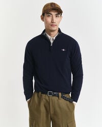 superfijne lamswollen trui met halve rits - marineblauw