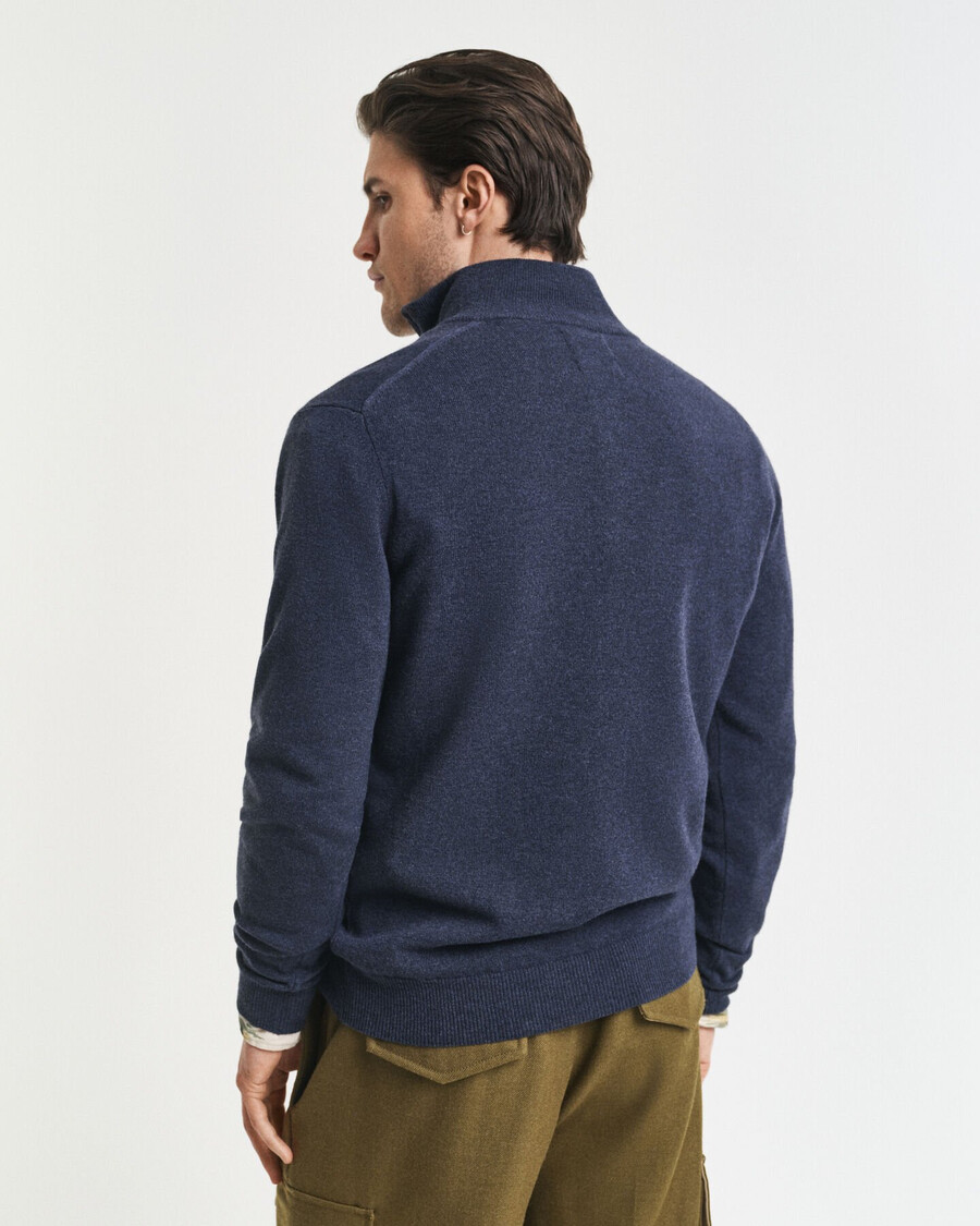 superfijne lamswollen trui met halve rits - donkerblauw gemêleerd