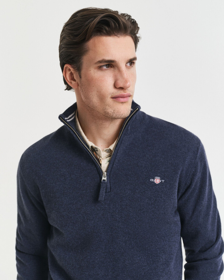 superfijne lamswollen trui met halve rits - donkerblauw gemêleerd