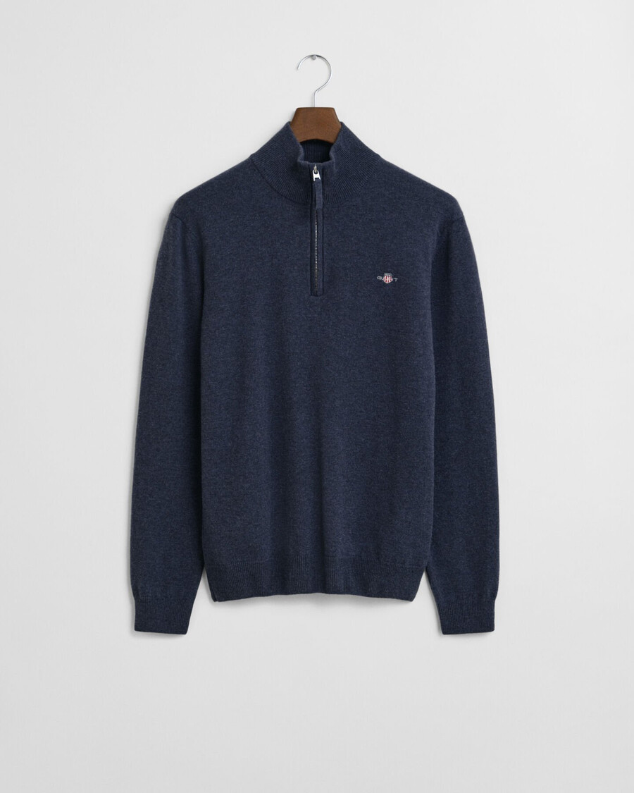 superfijne lamswollen trui met halve rits - donkerblauw gemêleerd