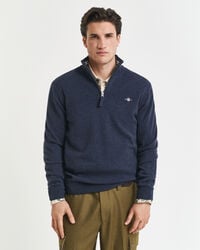 superfijne lamswollen trui met halve rits - donkerblauw gemêleerd
