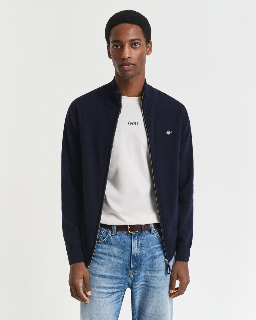 superfijn lamswollen vest met rits - marineblauw