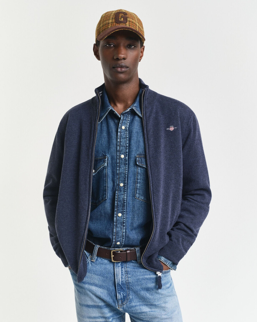 superfijn lamswollen vest met rits - donkerblauw gemêleerd