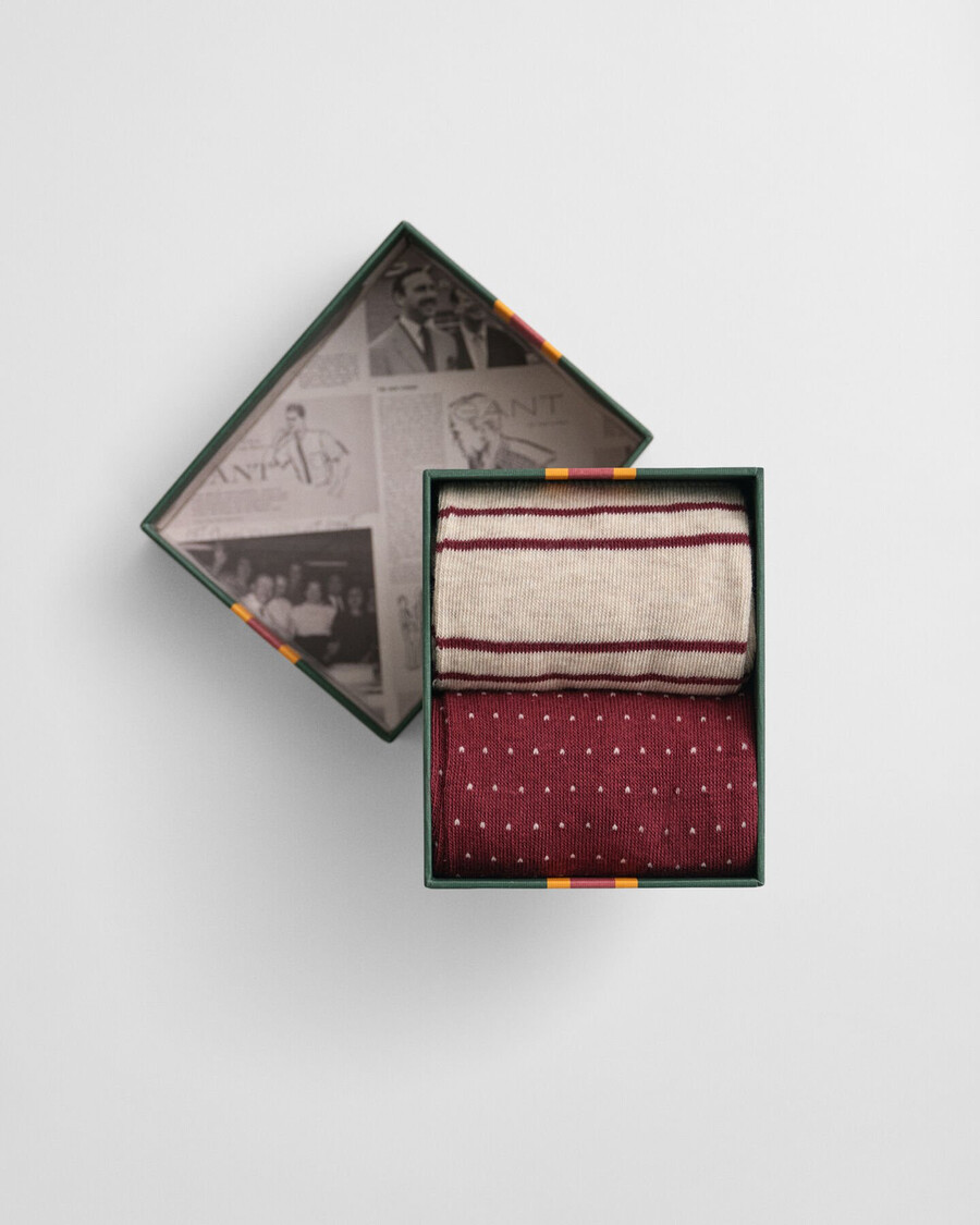 cadeauverpakking met 2 gestreepte en mini-gestippelde sokken - plumped red