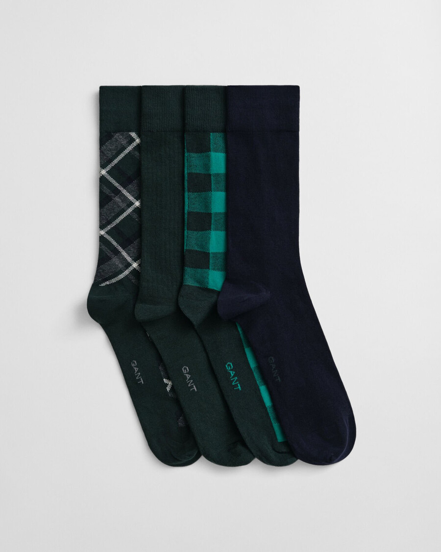 cadeauverpakking met 4 geruite en effen sokken - tartan groen