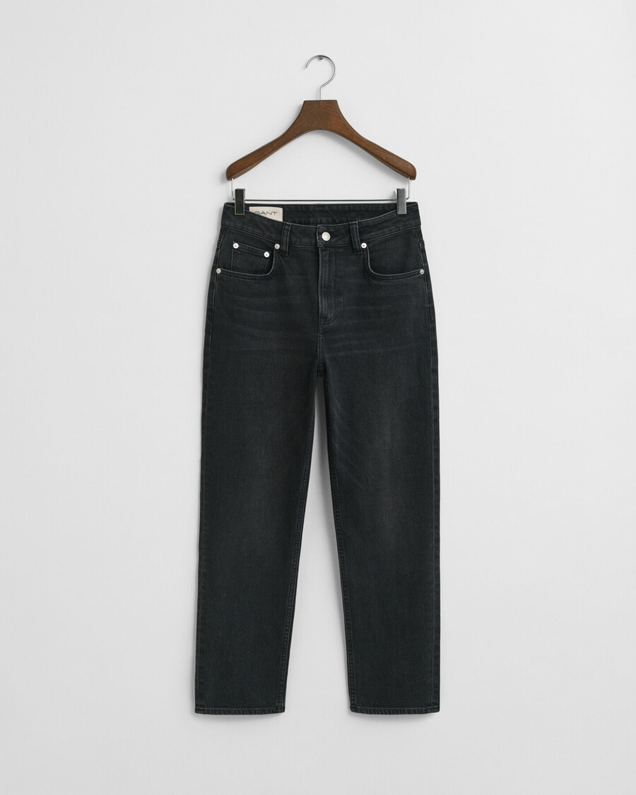 cropped stretch jeans met rechte pijpen - zwart ingedragen