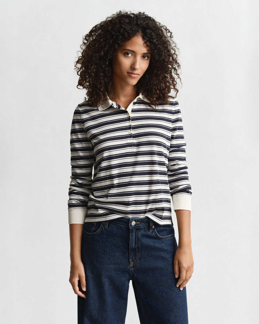 gestreept poloshirt met lange mouwen - crème