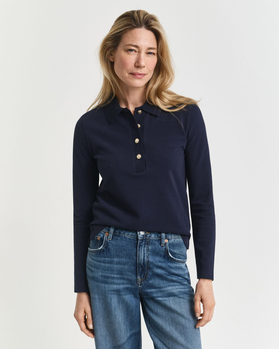 polo shirt met lange mouwen van piquéstof - avondblauw
