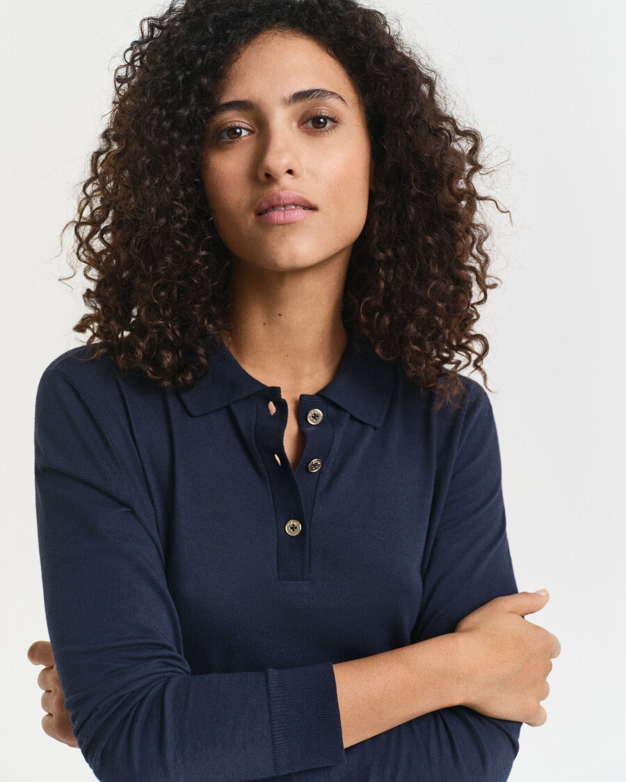 naadloos poloshirt met lange mouwen en knoopsluiting - avondblauw
