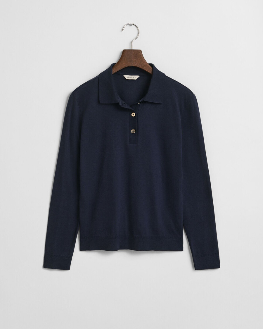 naadloos poloshirt met lange mouwen en knoopsluiting - avondblauw
